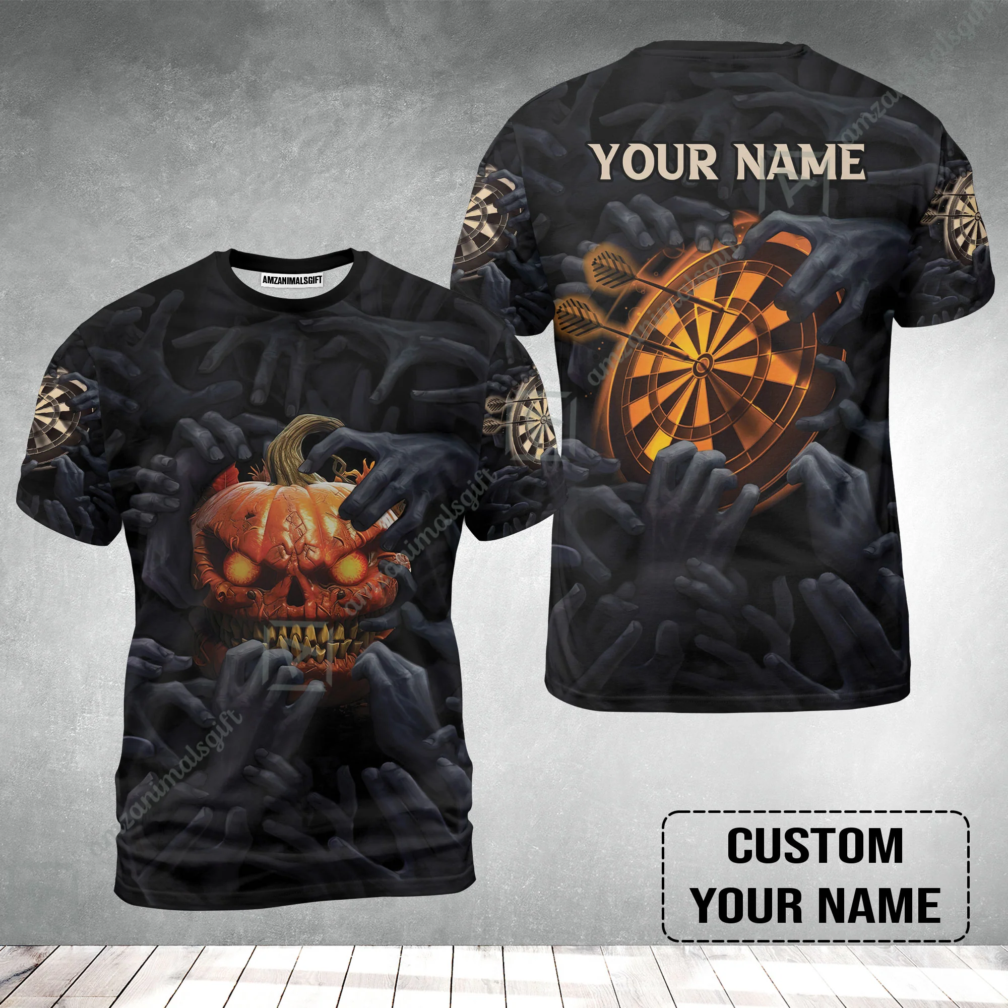 Customized Name Darts T-Shirt, Bullseye Dartboard Personalized Pumpkin And Darts T-Shirt - Image 2