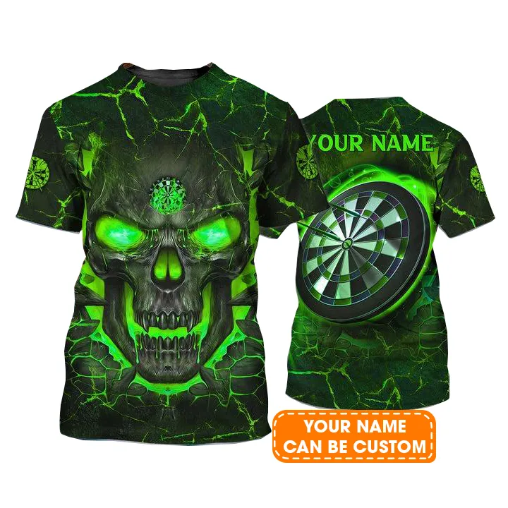 Customized Name Darts T Shirt, Flame Green Skull Dartboard Personalized T Shirt For Men - Gift For Darts Lovers, Darts Player, Dart Team - Image 2