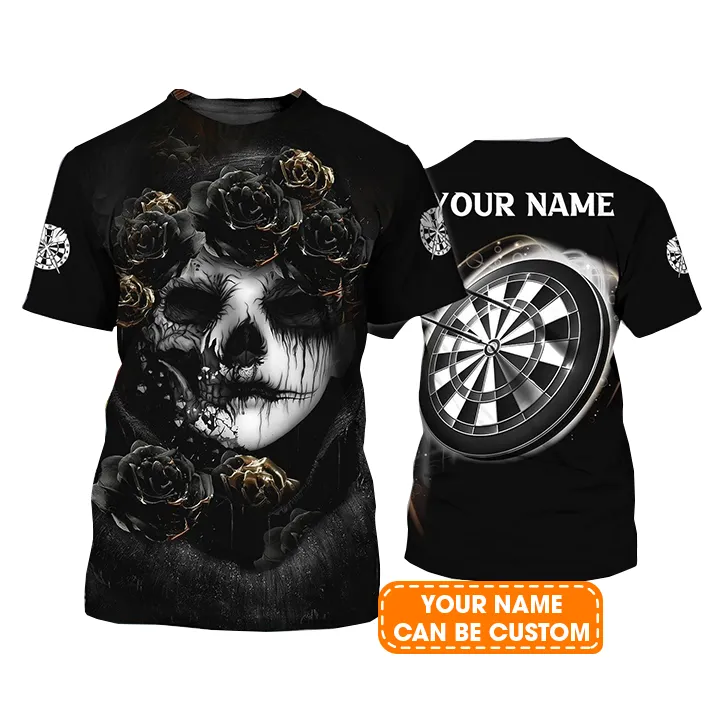 Customized Name Darts T Shirt, Flower Skull Girl And Dartboard Personalized T Shirt - Gift For Darts Lovers, Darts Player, Dart Team - Image 2