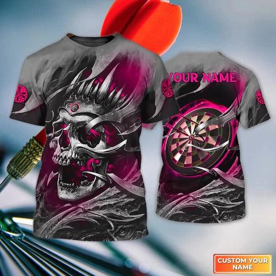Customized Name Darts T Shirt, Pink Skull Dartboard Personalized Name Skull And Darts T Shirt For Men - Gift For Darts Lovers, Darts Team Players