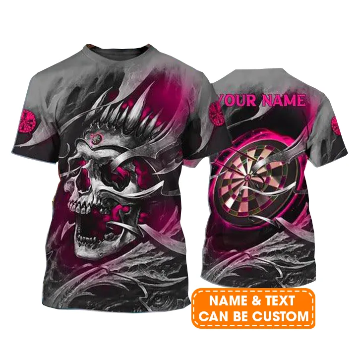 Customized Name Darts T Shirt, Pink Skull Dartboard Personalized Name Skull And Darts T Shirt For Men - Gift For Darts Lovers, Darts Team Players - Image 2