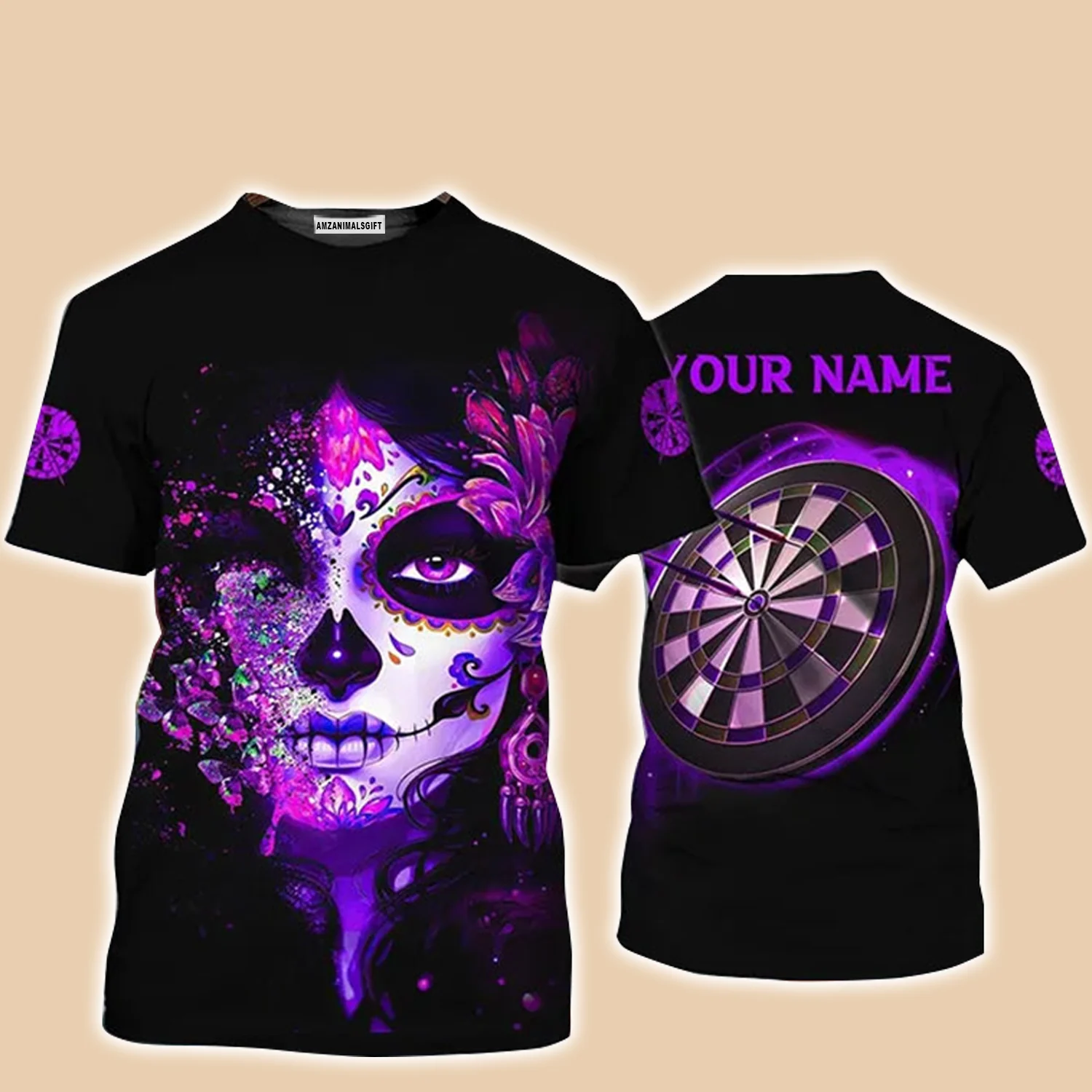 Customized Name Darts T Shirt, Sugar Skull Girl Butterfly And Darts Personalized T Shirt For Men - Gift For Darts Lovers, Darts Player, Dart Team - Image 2
