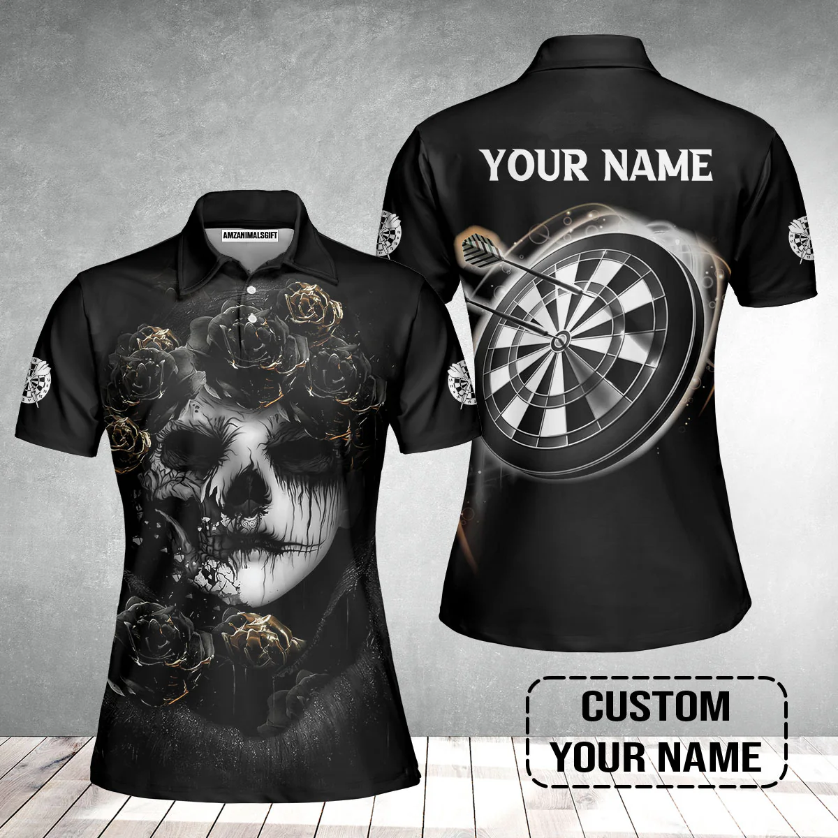 Customized Name Darts Women Polo Shirt, Flower Skull Girl And Dartboard Personalized Women Polo Shirt - Image 2