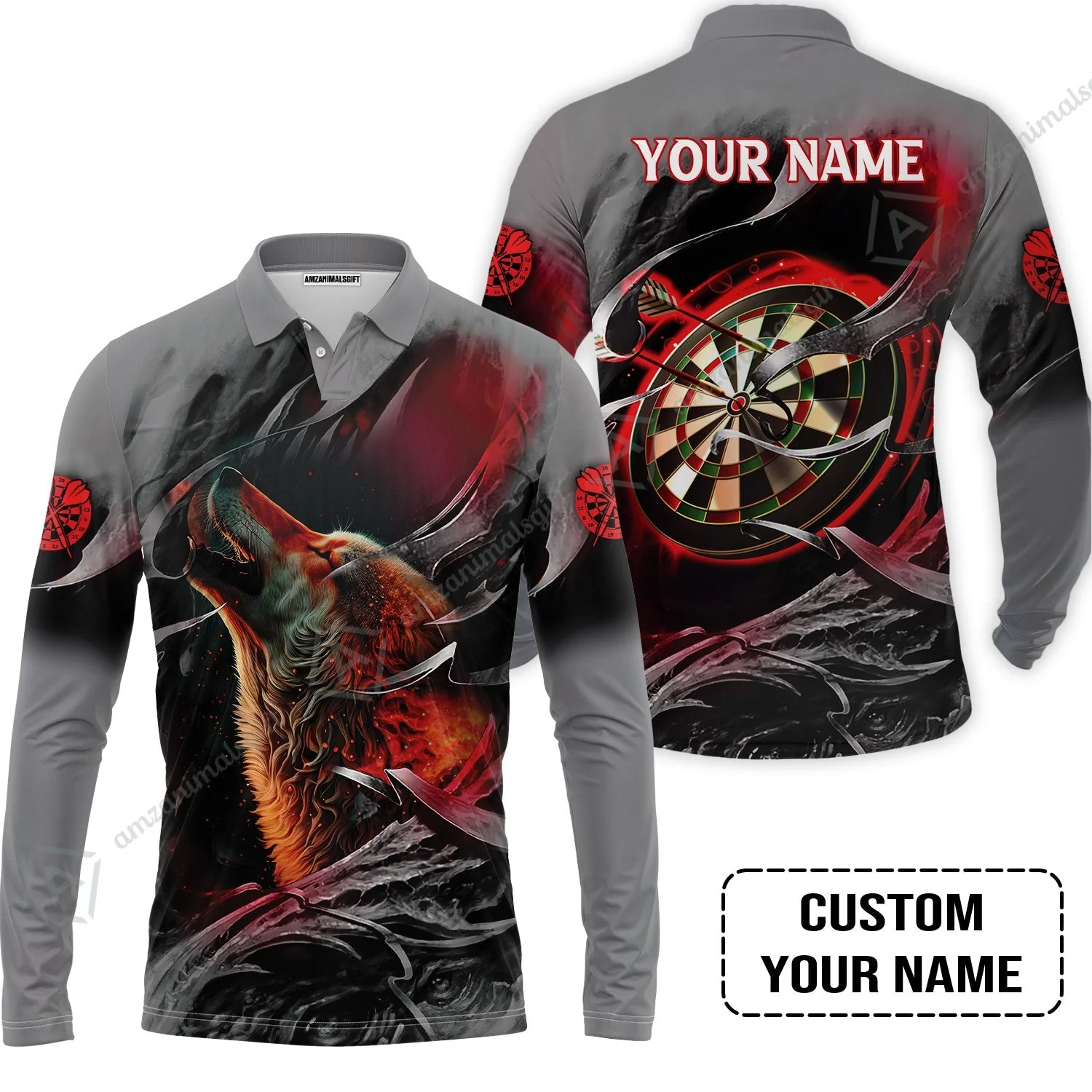 Customized Name Darts Zip Polo Shirt, Bullseye Dartboard Personalized Flame Wolf And Darts Zip Polo Shirt - Image 3