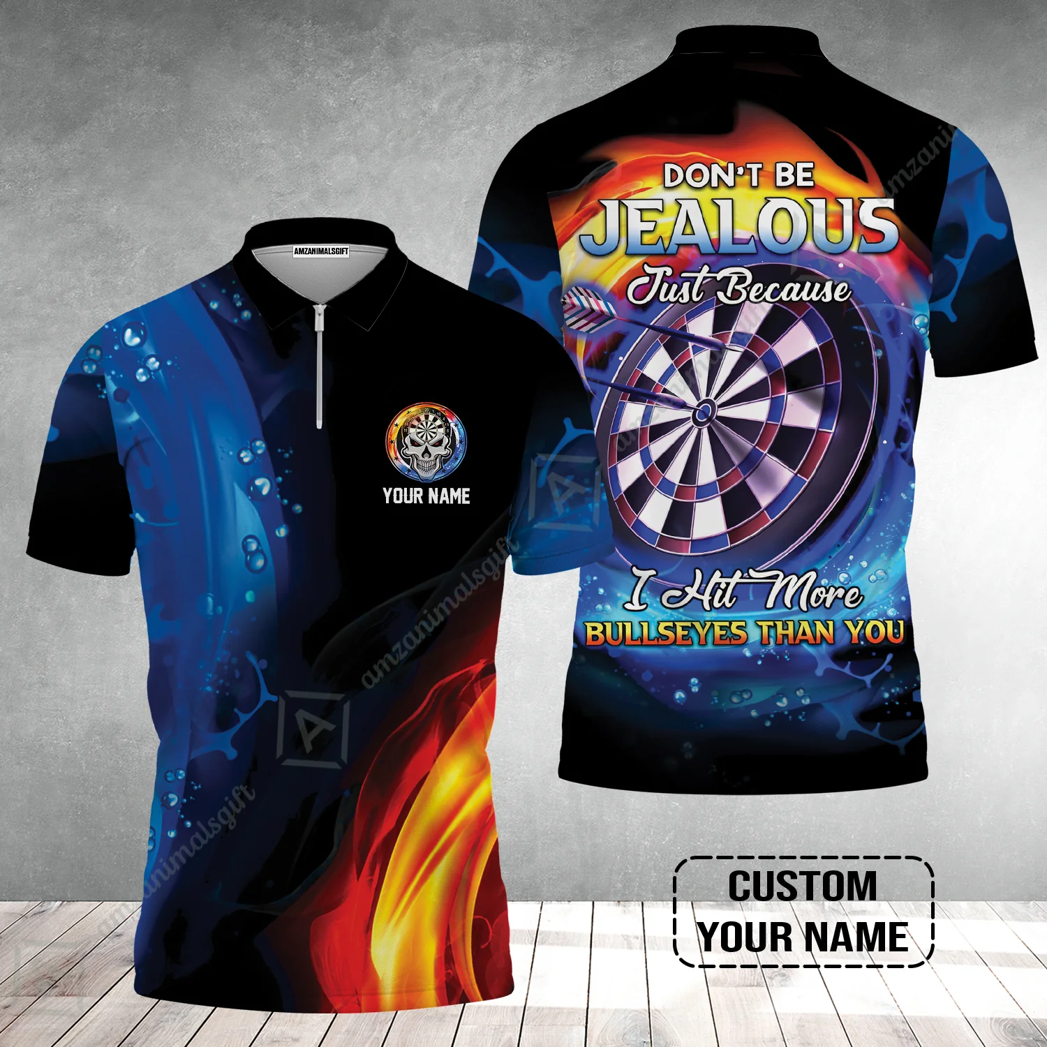 Customized Name Darts Zip Polo Shirt, Don't Be Jealous Personalized Skull Logo And Darts Zip Polo Shirt - Image 2