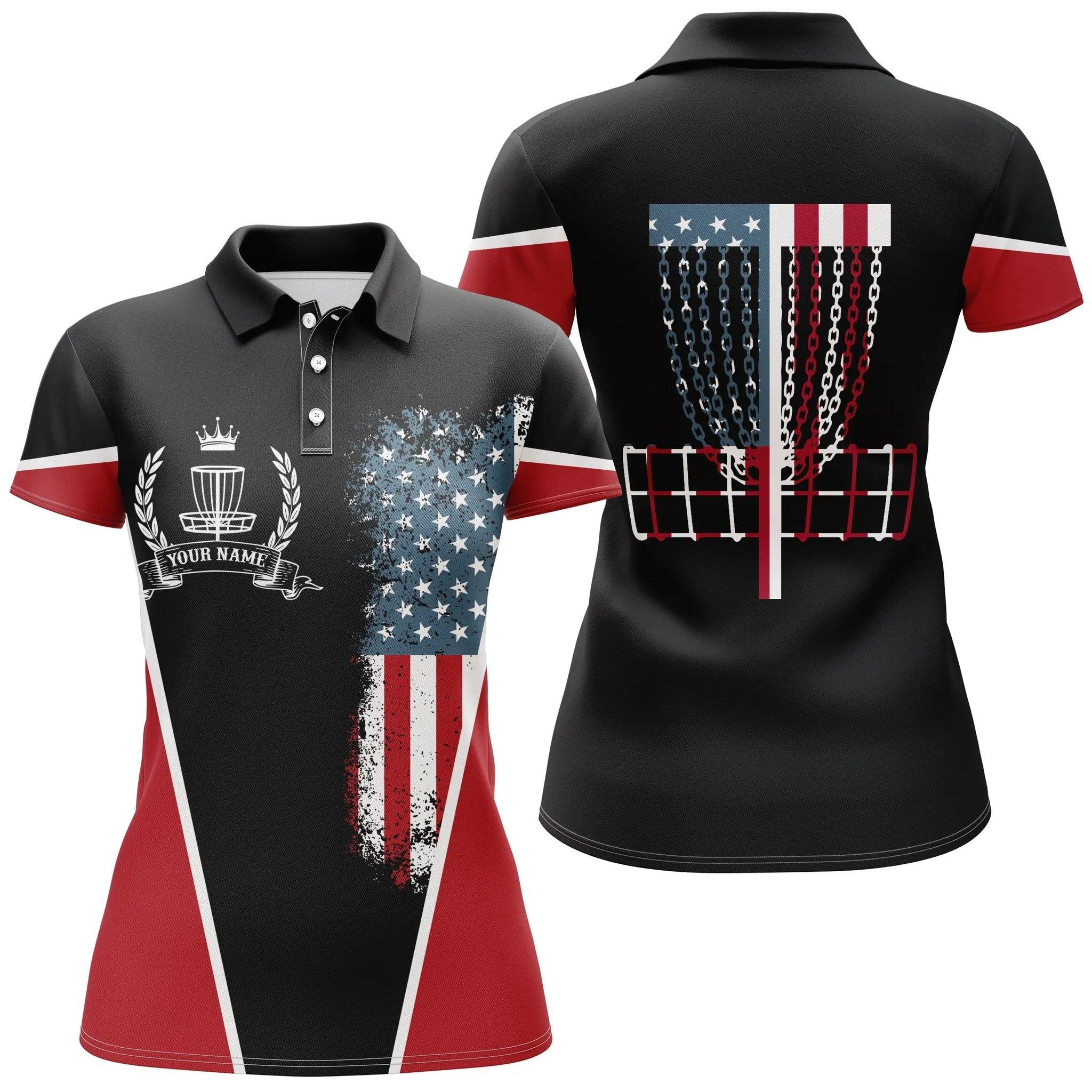 Customized Name Disc Golf Women Polo Shirt, American Flag Disc Golf Basket Patriotic, Personalized Disc Golf Shirt - Perfect Polo Shirt For Ladies - Image 2