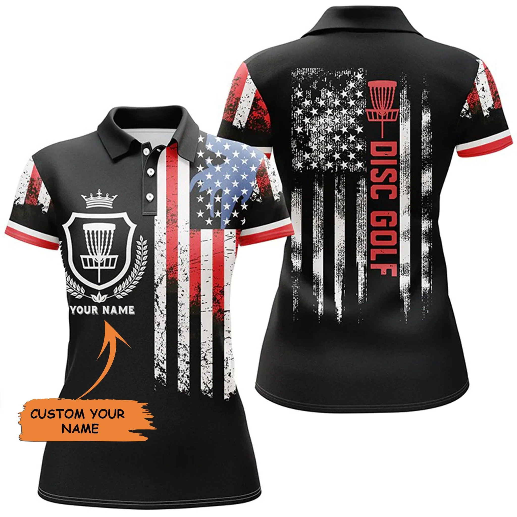 Customized Name Disc Golf Women Polo Shirt, Personalized Disc Golf Basket American Flag Polo Shirts - Perfect Gift For Ladies