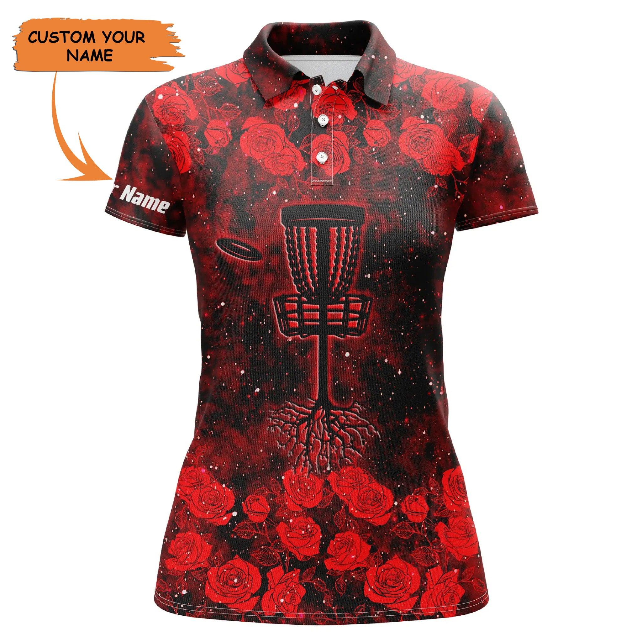 Customized Name Disc Golf Women Polo Shirts, Personalized Red Roses Pattern Disc Golf Basket Polo Shirts - Perfect Gift For Ladies, Disc Golf Lovers