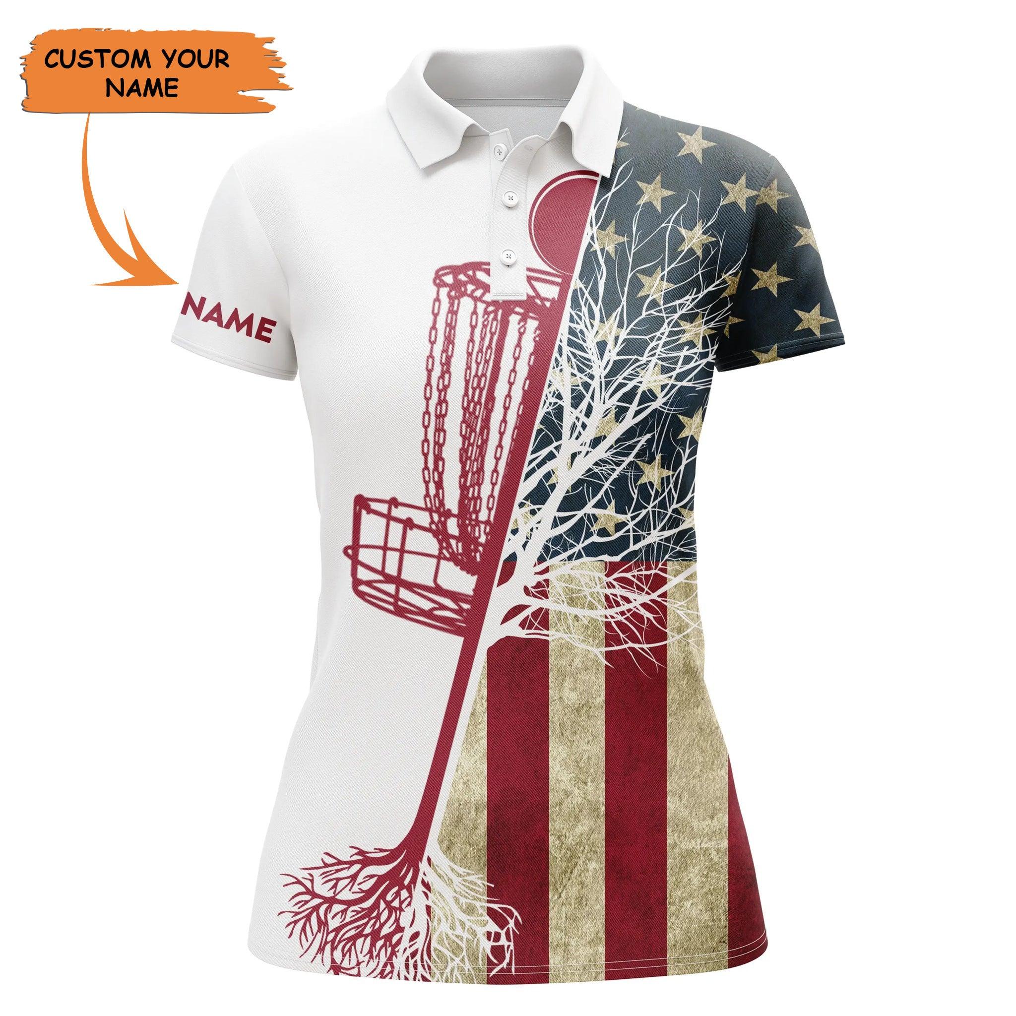 Customized Name Disc Golf Women Polo Shirts, Personalized Vintage American Flag Disc Golf Basket Shirts - Perfect Gift For Ladies, Disc Golf Lovers