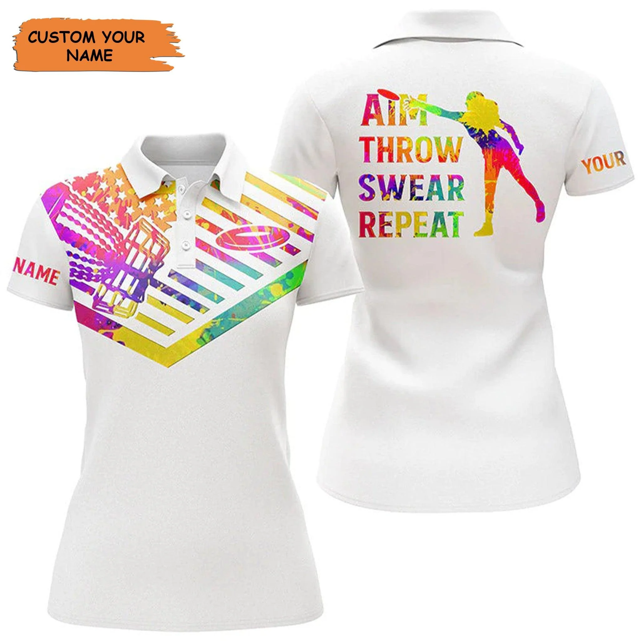 Customized Name Disc Golf Women Polo Shirts, Personalized Watercolor American Flag Disc Golfer Aim Throw Swear - Perfect Gift For Disc Golf Lovers