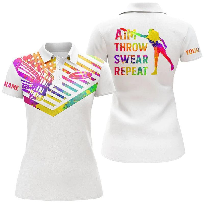 Customized Name Disc Golf Women Polo Shirts, Personalized Watercolor American Flag Disc Golfer Aim Throw Swear - Perfect Gift For Disc Golf Lovers - Image 2