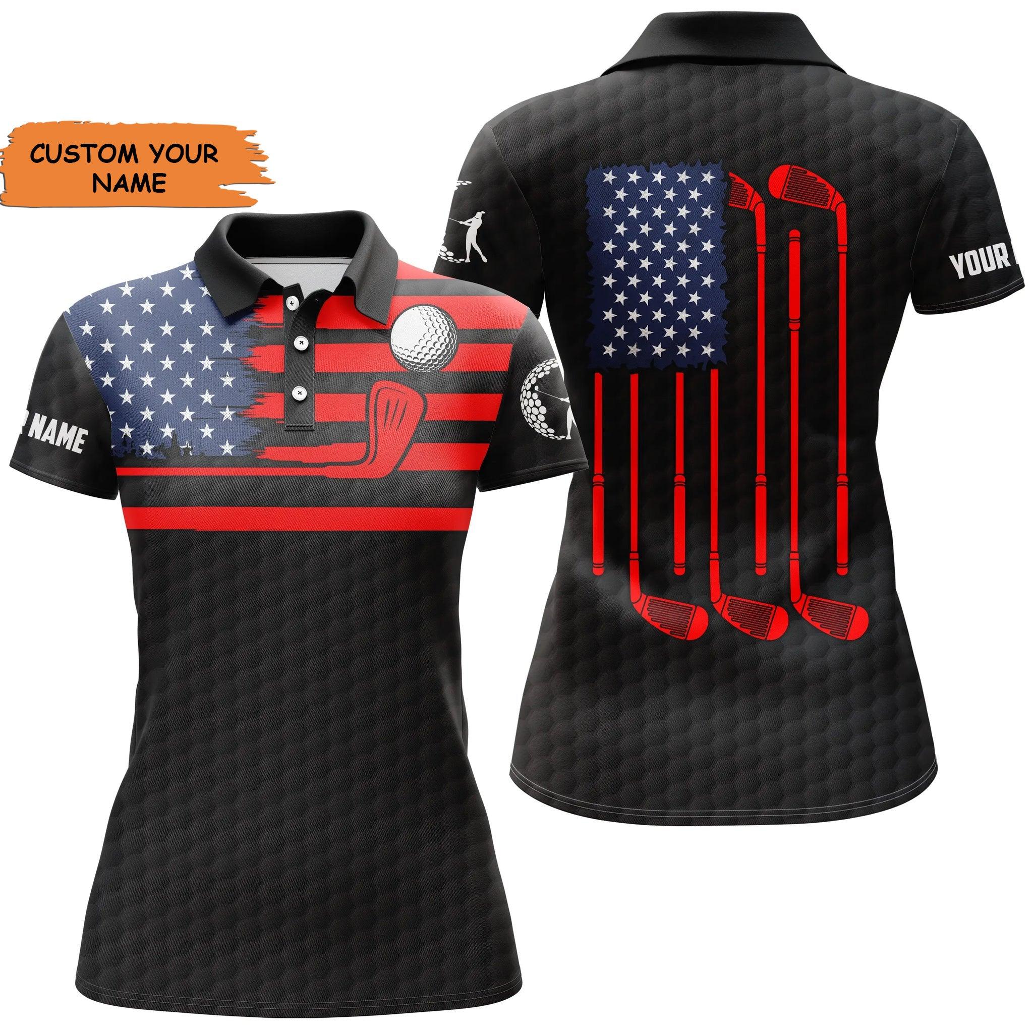 Customized Name Golf Women Polo Shirt, American Flag Patriotic Polo Shirt, Black Golf Polo Shirt - Perfect Gift For Women, Golf Lovers, Golfers