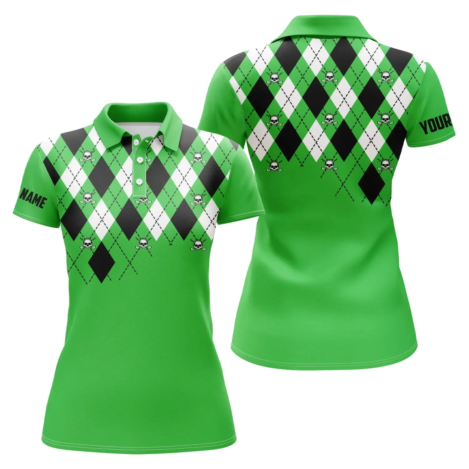 Customized Name Golf Women Polo Shirt, Personalized Green Argyle Plaid Golf Skull Pattern - Perfect Polo Shirt For Ladies, Golf Lovers, Golfers