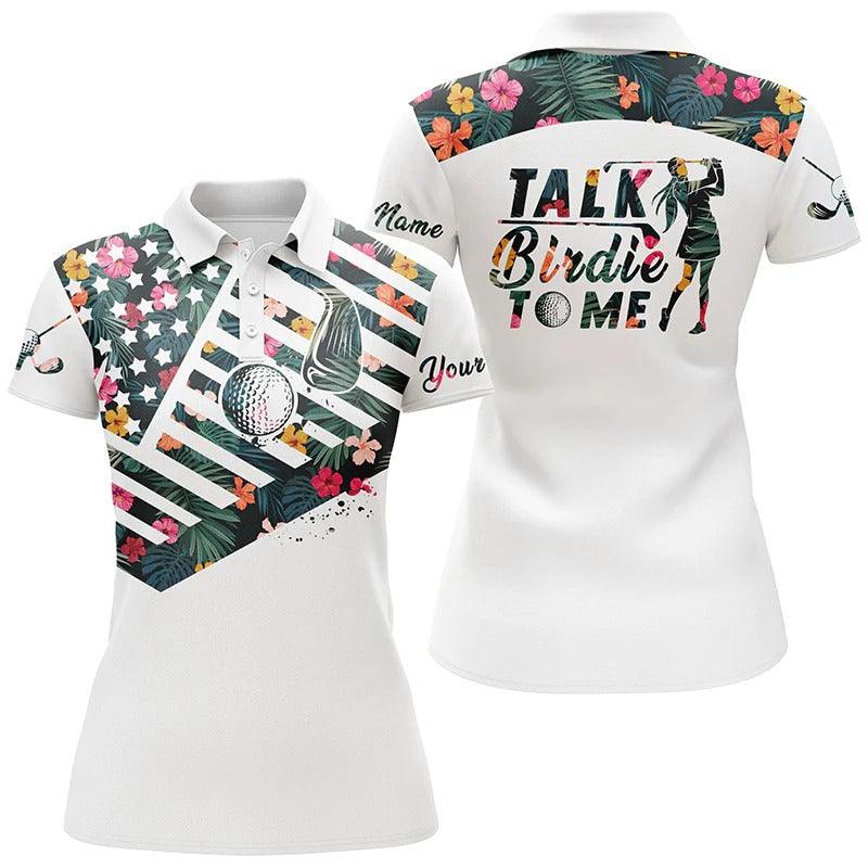 Customized Name Golf Women Polo Shirts, American Flag Patriotic, Personalized Tropical Floral Ladies Shirts - Perfect Gift For Golfers, Golf Lovers - Image 2