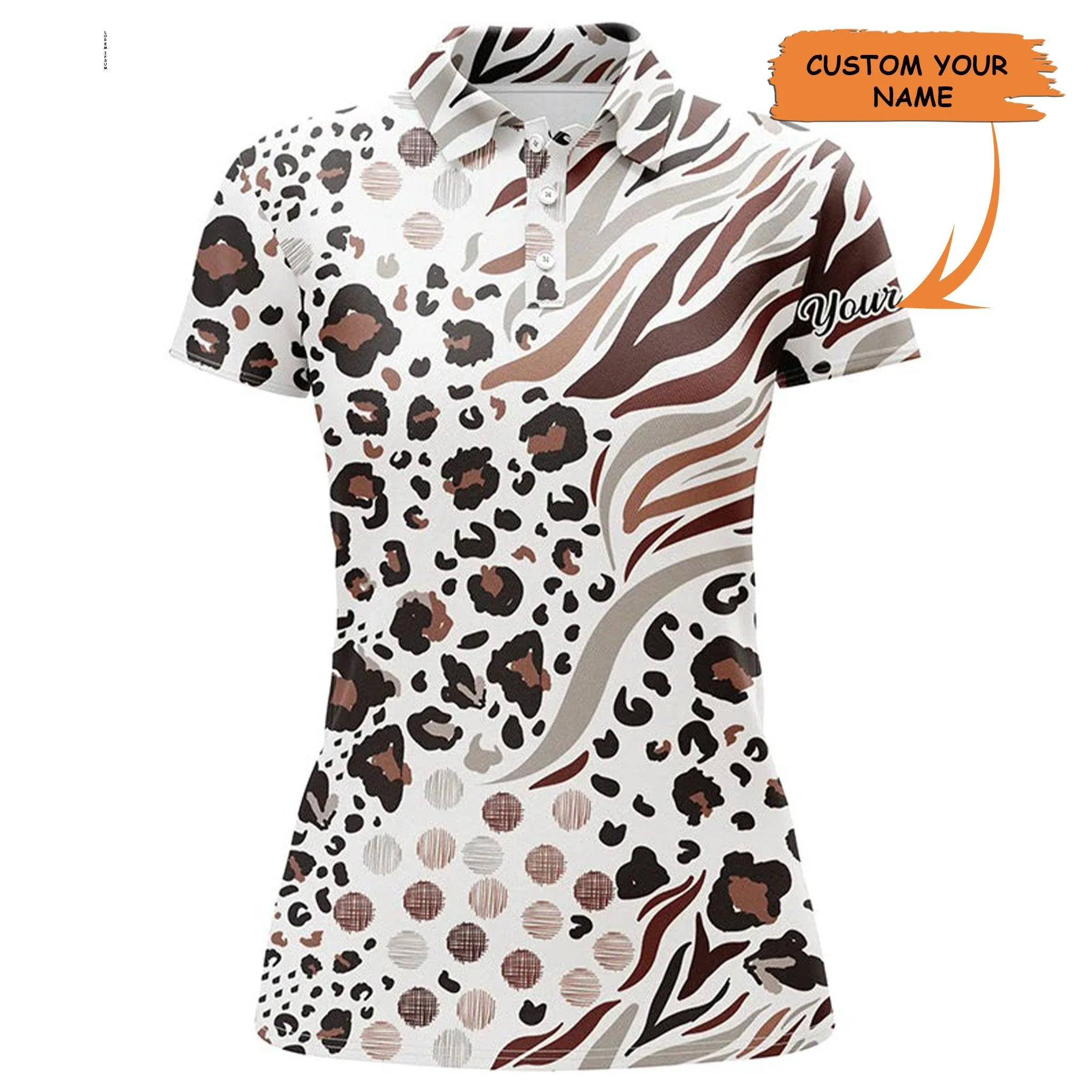 Customized Name Golf Women Polo Shirts, Animal Mix Leopard Skin Pattern Personalized White Golf Shirts - Perfect Gift For Ladies, Golfers, Golf Lovers