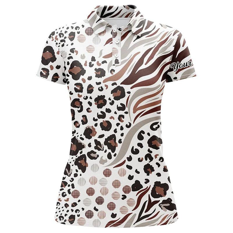 Customized Name Golf Women Polo Shirts, Animal Mix Leopard Skin Pattern Personalized White Golf Shirts - Perfect Gift For Ladies, Golfers, Golf Lovers - Image 2