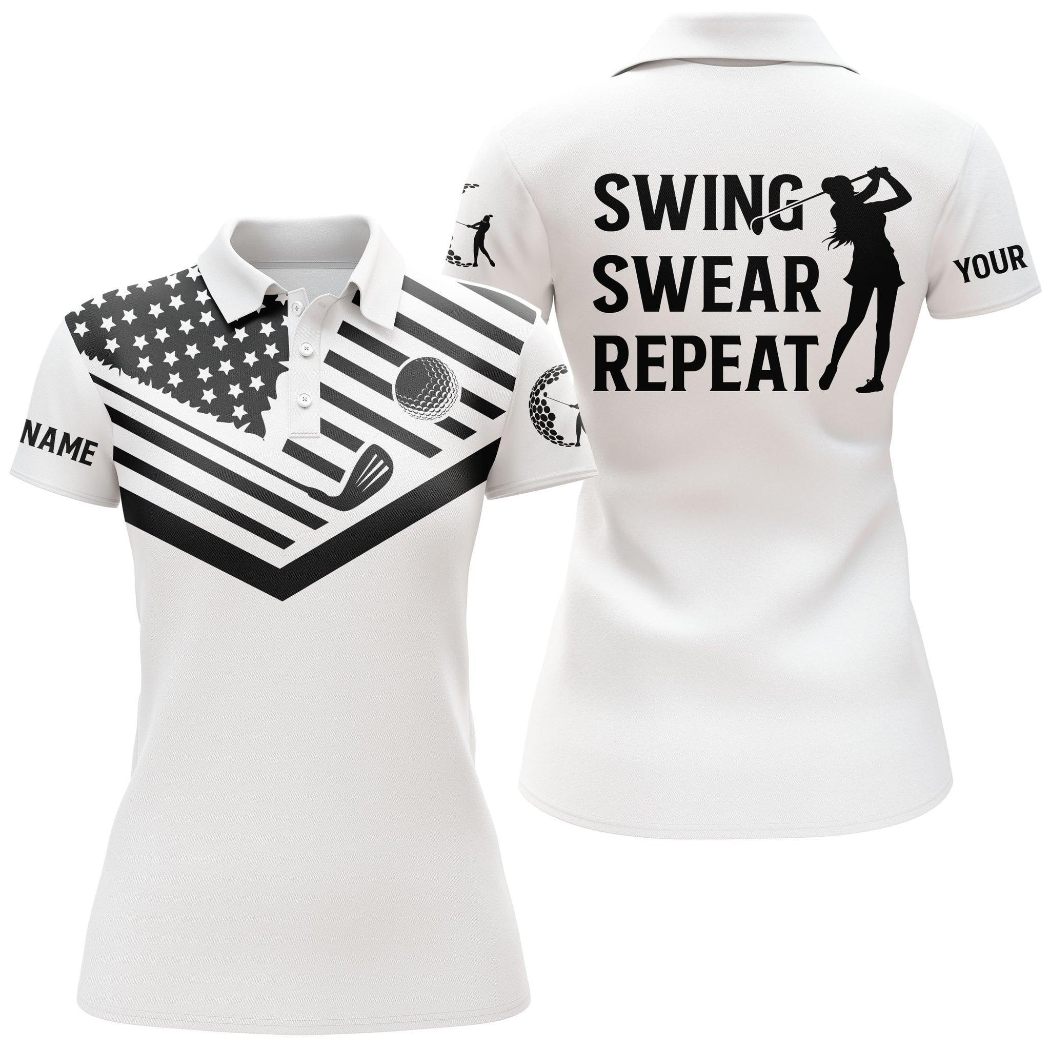 Customized Name Golf Women Polo Shirts, Black American Flag Personalized Swing Swear Repeat White Golf - Perfect Gift For Ladies, Golfers, Golf Lovers - Image 2