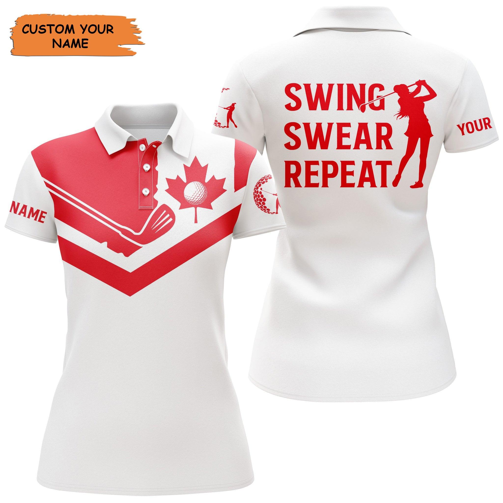 Customized Name Golf Women Polo Shirts, Canada Flag Patriotic Personalized Swing Swear Repeat Golf Shirts - Perfect Gift For Golfers, Golf Lovers