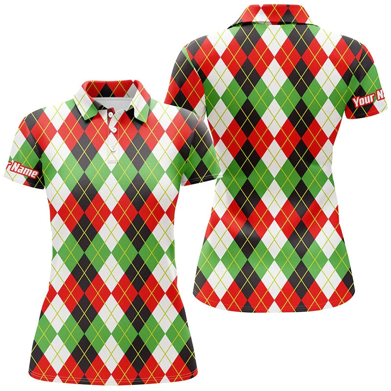 Customized Name Golf Women Polo Shirts, Christmas Plaid Argyle Pattern Personalized Christmas Gifts - Perfect Gift For Ladies, Golfers, Golf Lovers - Image 2