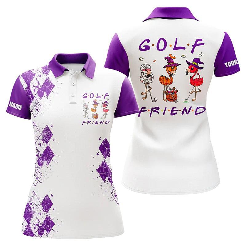 Customized Name Golf Women Polo Shirts, Flamingo Halloween Personalized Name Golf Friends Purple Shirts - Perfect Gift For Ladies, Golfers, Golf Lovers - Image 2