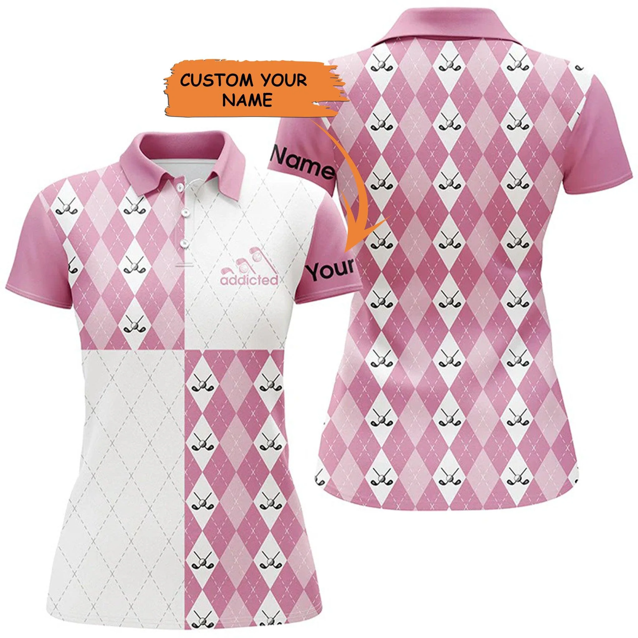 Customized Name Golf Women Polo Shirts, Golf Addicted Personalized Pink White Golf Ball Clubs Pattern Shirts - Perfect Gift For Golfers, Golf Lovers