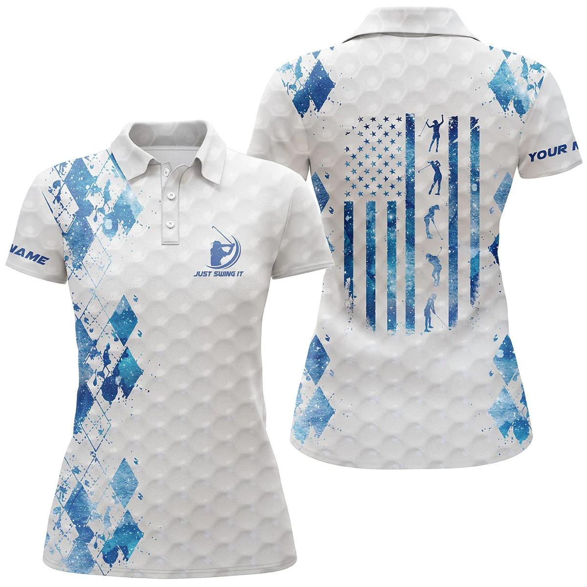 Customized Name Golf Women Polo Shirts, Just Swing It American Flag Patriotic Personalized Blue White Shirts - Perfect Gift For Golfers, Golf Lovers - Image 3