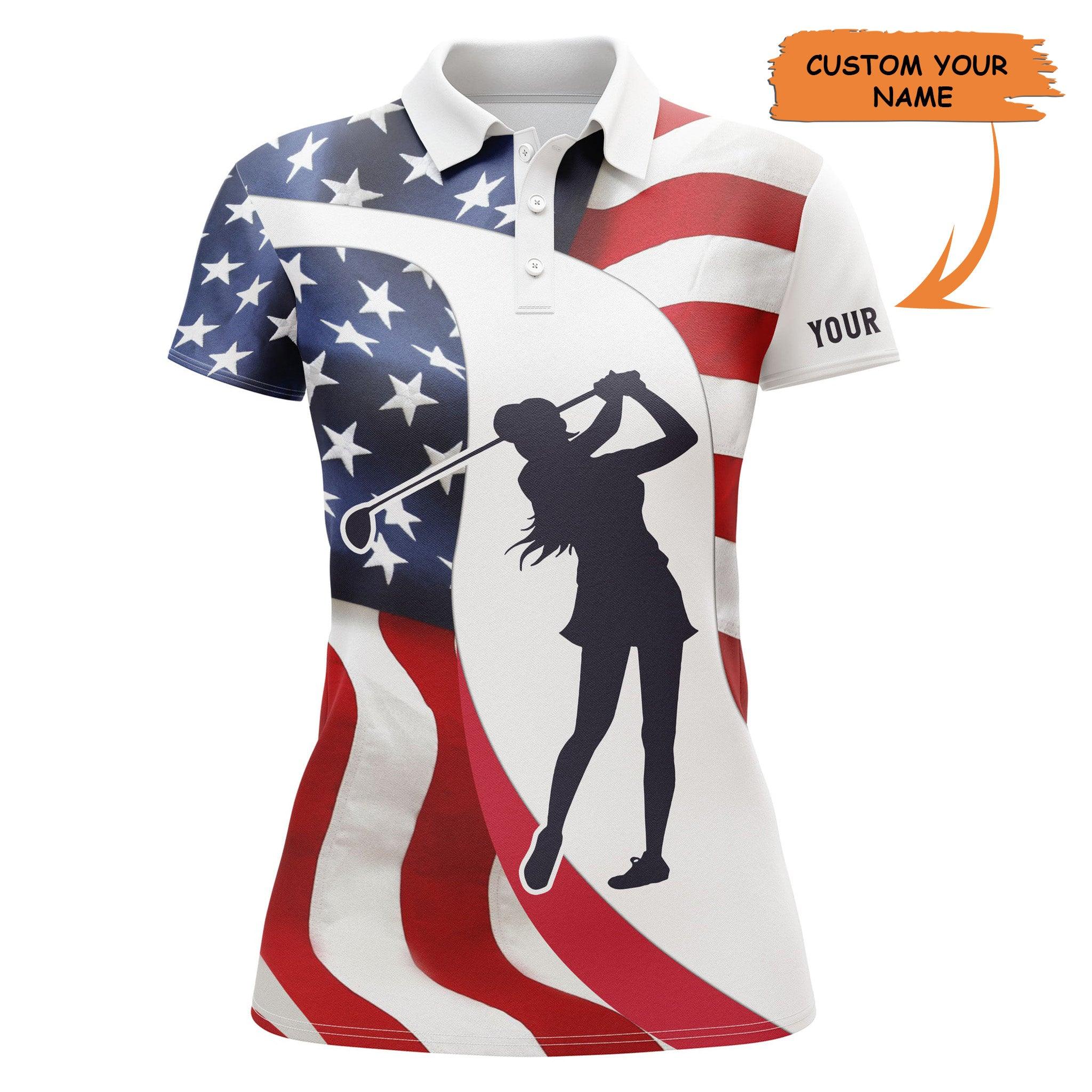 Customized Name Golf Women Polo Shirts, Personalized American Flag Patriotic 4th of July Polo Shirts - Perfect Gift For Ladies, Golf Lovers, Golfers