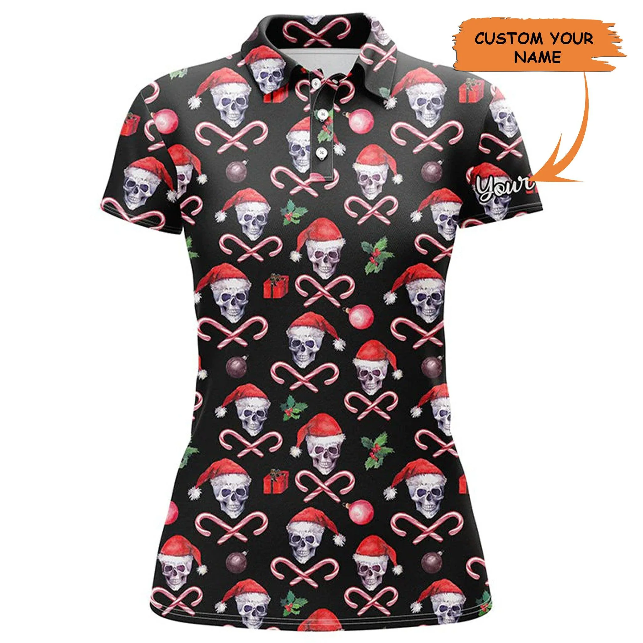 Customized Name Golf Women Polo Shirts, Personalized Black Christmas Skull Pattern Polo Shirts - Perfect Gift For Ladies, Golf Lovers, Golfers
