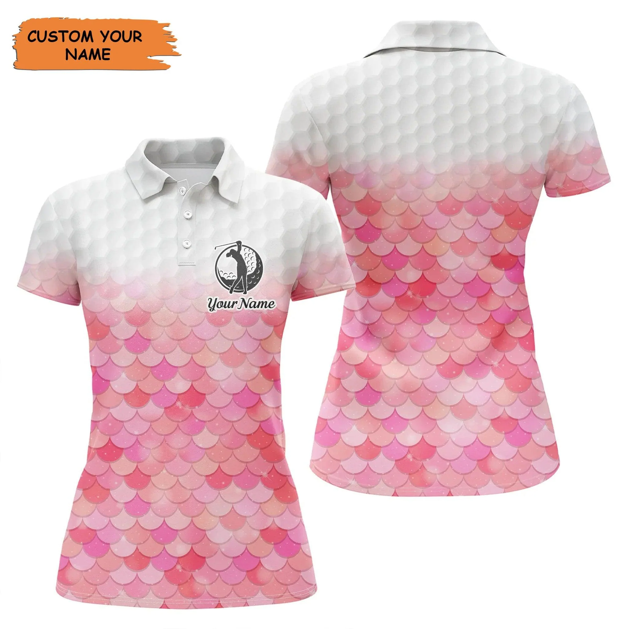 Customized Name Golf Women Polo Shirts, Personalized Bling Pink Mermaid Scales Pattern Golf Polo Shirt - Perfect Gift For Ladies, Golfers, Golf Lovers