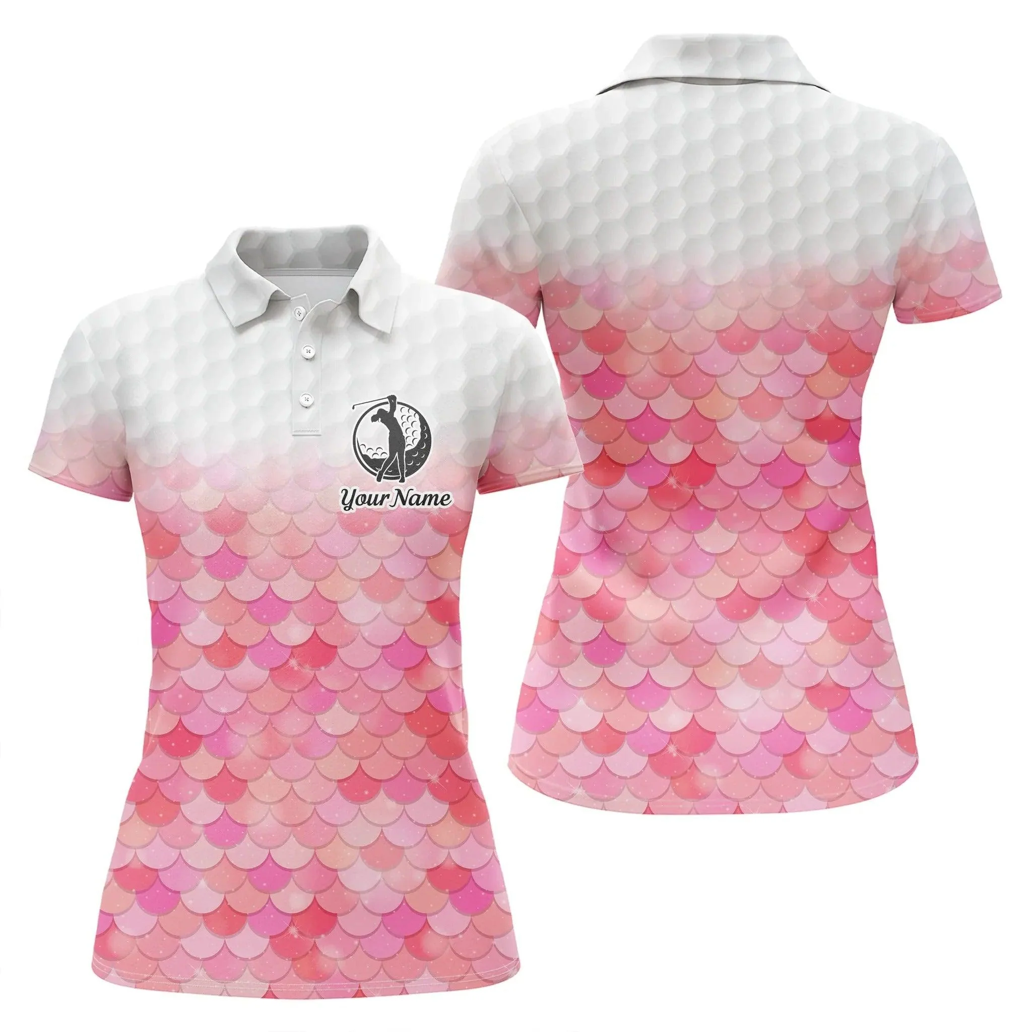 Customized Name Golf Women Polo Shirts, Personalized Bling Pink Mermaid Scales Pattern Golf Polo Shirt - Perfect Gift For Ladies, Golfers, Golf Lovers - Image 2