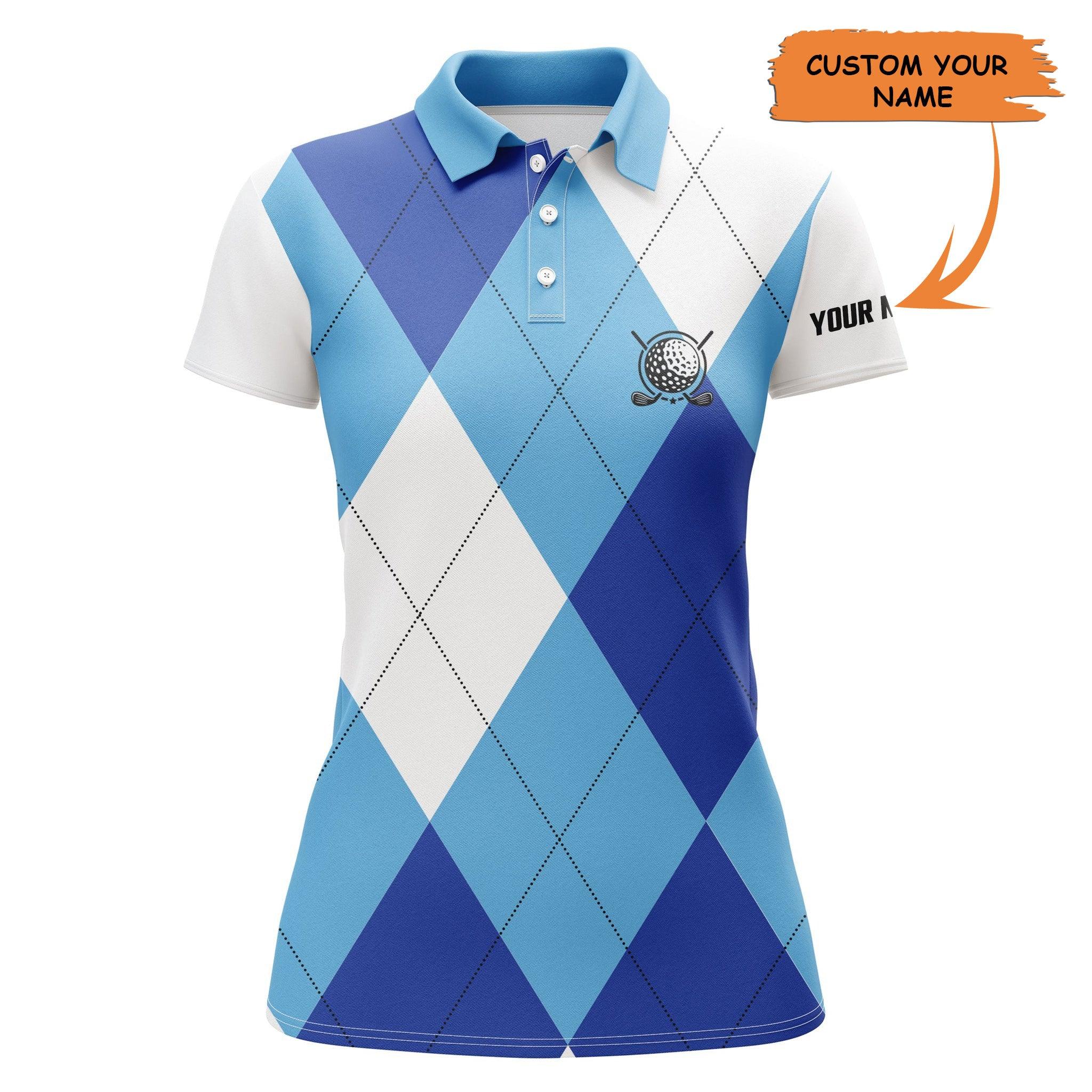 Customized Name Golf Women Polo Shirts, Personalized Blue And White Golf Pattern Golf Polo Shirts - Perfect Gift For Ladies, Golf Lovers, Golfers