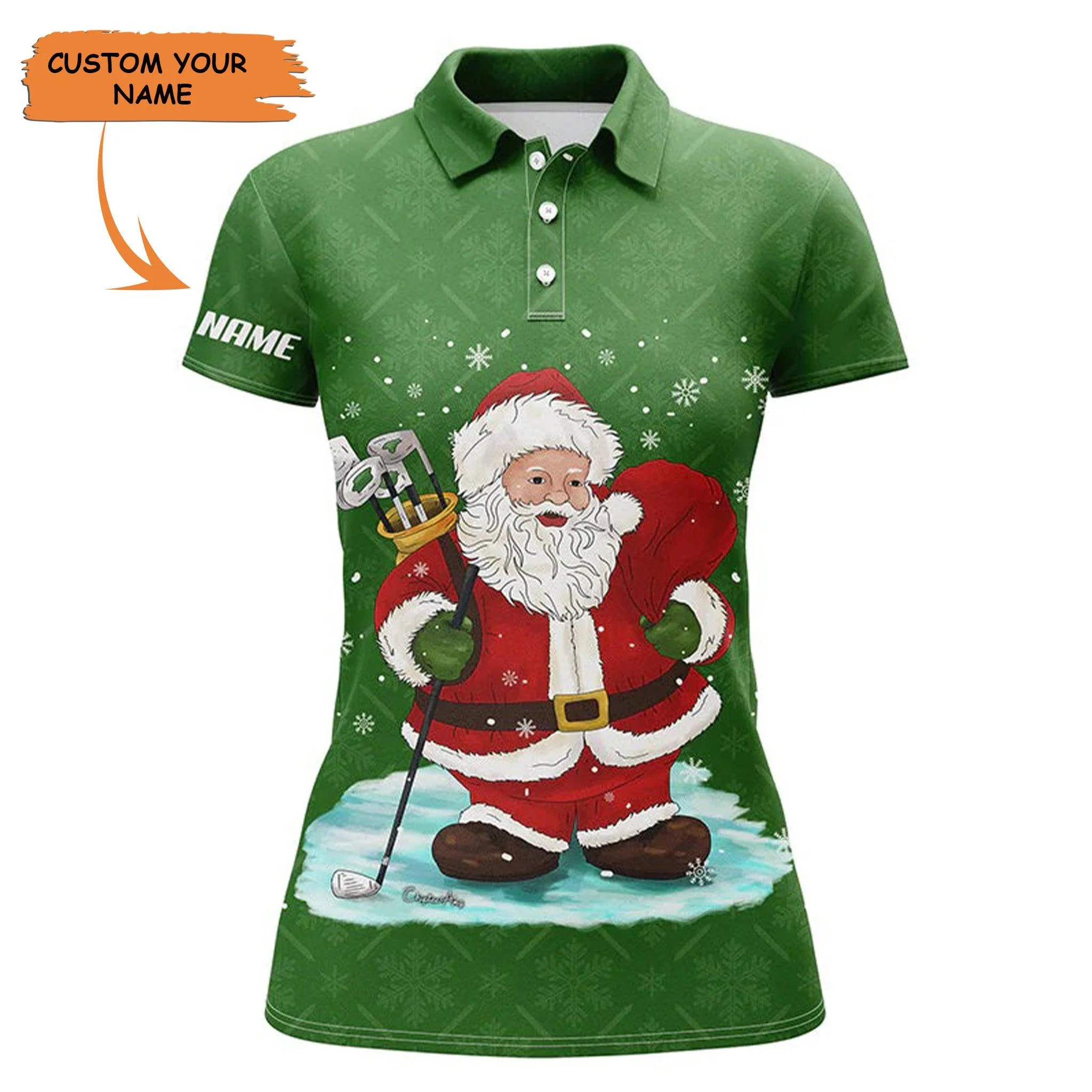 Customized Name Golf Women Polo Shirts, Personalized Christmas Green Pattern Santa Golfer, Christmas Golf Gift - Perfect Gift For Golfers, Golf Lovers