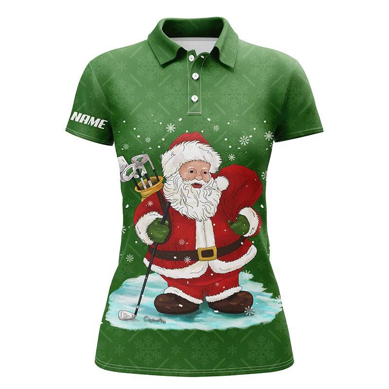 Customized Name Golf Women Polo Shirts, Personalized Christmas Green Pattern Santa Golfer, Christmas Golf Gift - Perfect Gift For Golfers, Golf Lovers - Image 2