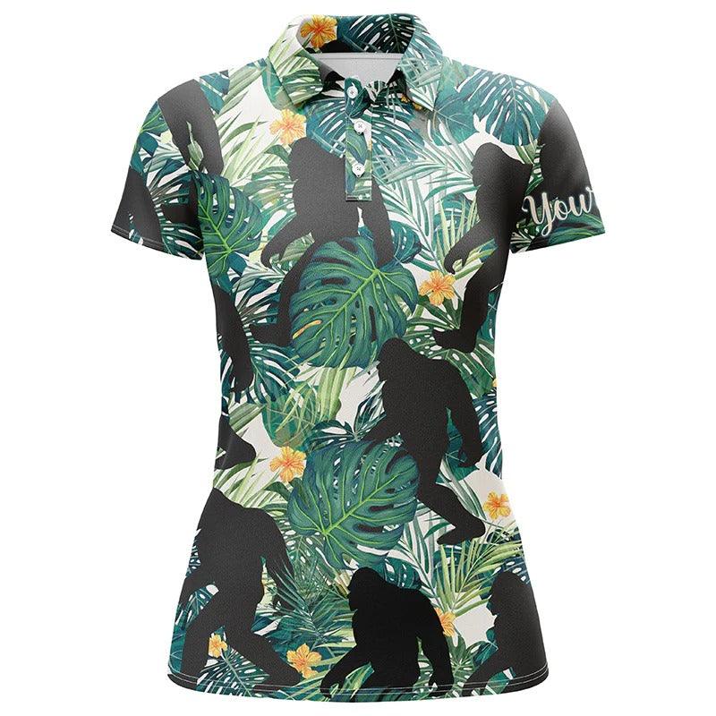 Customized Name Golf Women Polo Shirts, Personalized Funny Bigfoot Green Tropical Leaves Polo Shirts - Perfect Gift For Ladies, Golfers, Golf Lovers - Image 2
