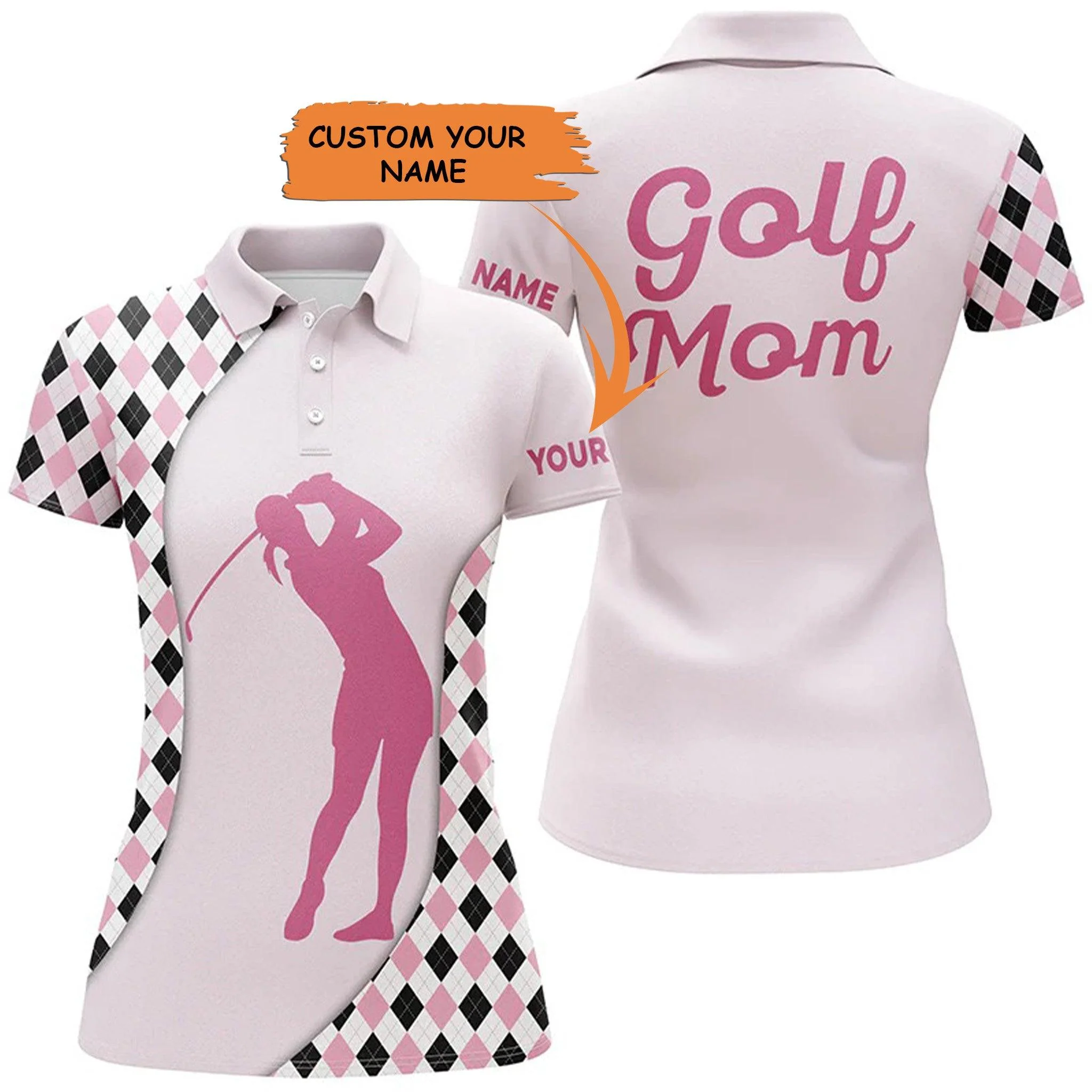 Customized Name Golf Women Polo Shirts, Personalized Golf Mom Pink Argyle Pattern Golf Polo Shirts - Perfect Gift For Ladies, Golf Lovers, Golfers
