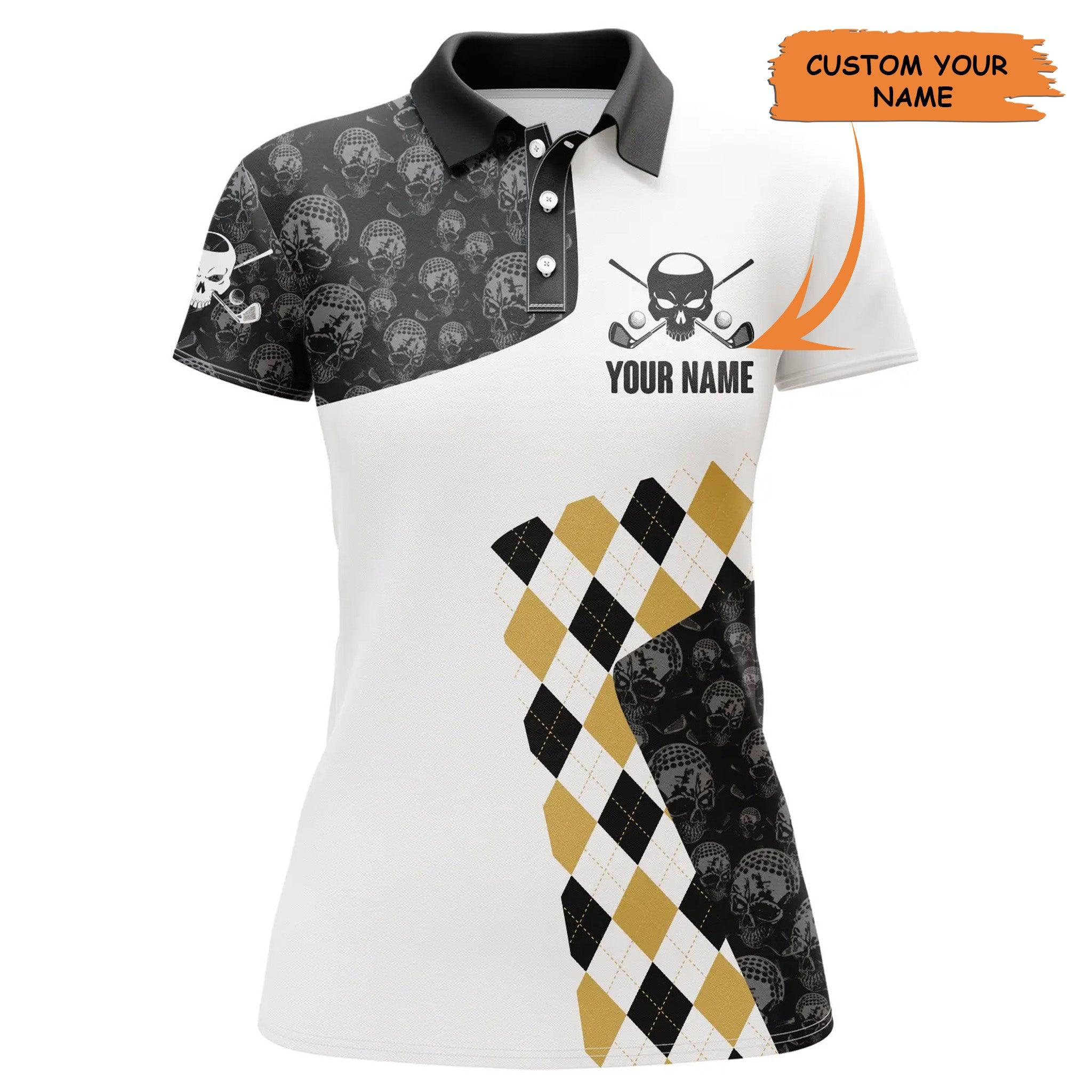Customized Name Golf Women Polo Shirts, Personalized Golf Skull Argyle Pattern Golf Tournament Shirts - Perfect Gift For Ladies, Golf Lovers, Golfers