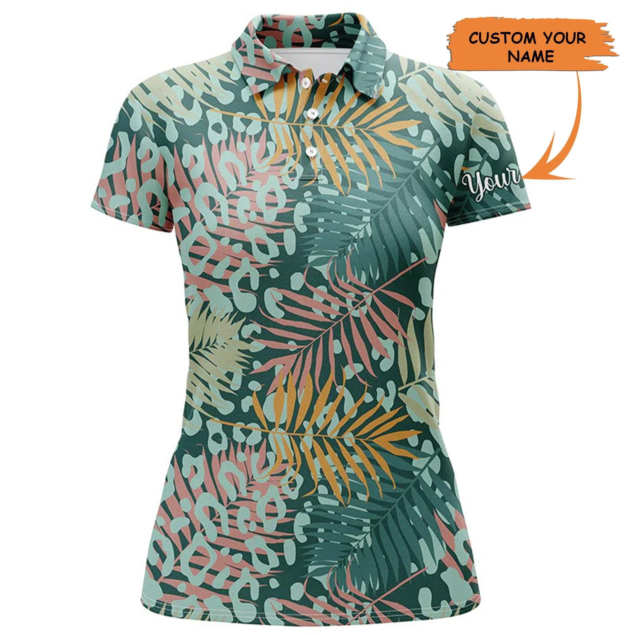 Customized Name Golf Women Polo Shirts, Personalized Green Tropical Pattern With Palm Leopard Shirts - Perfect Gift For Ladies, Golf Lovers, Golfers