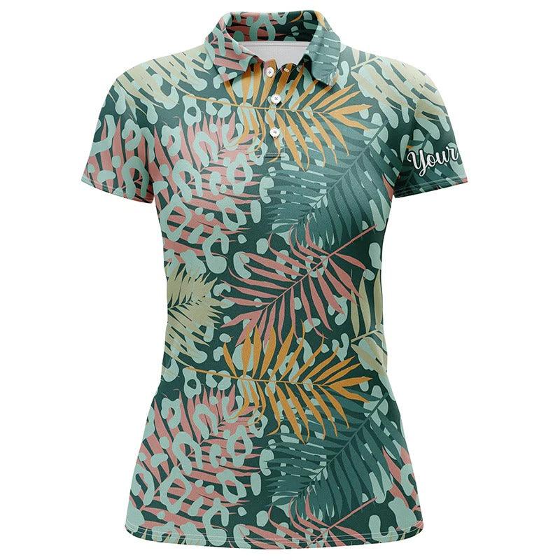 Customized Name Golf Women Polo Shirts, Personalized Green Tropical Pattern With Palm Leopard Shirts - Perfect Gift For Ladies, Golf Lovers, Golfers - Image 2