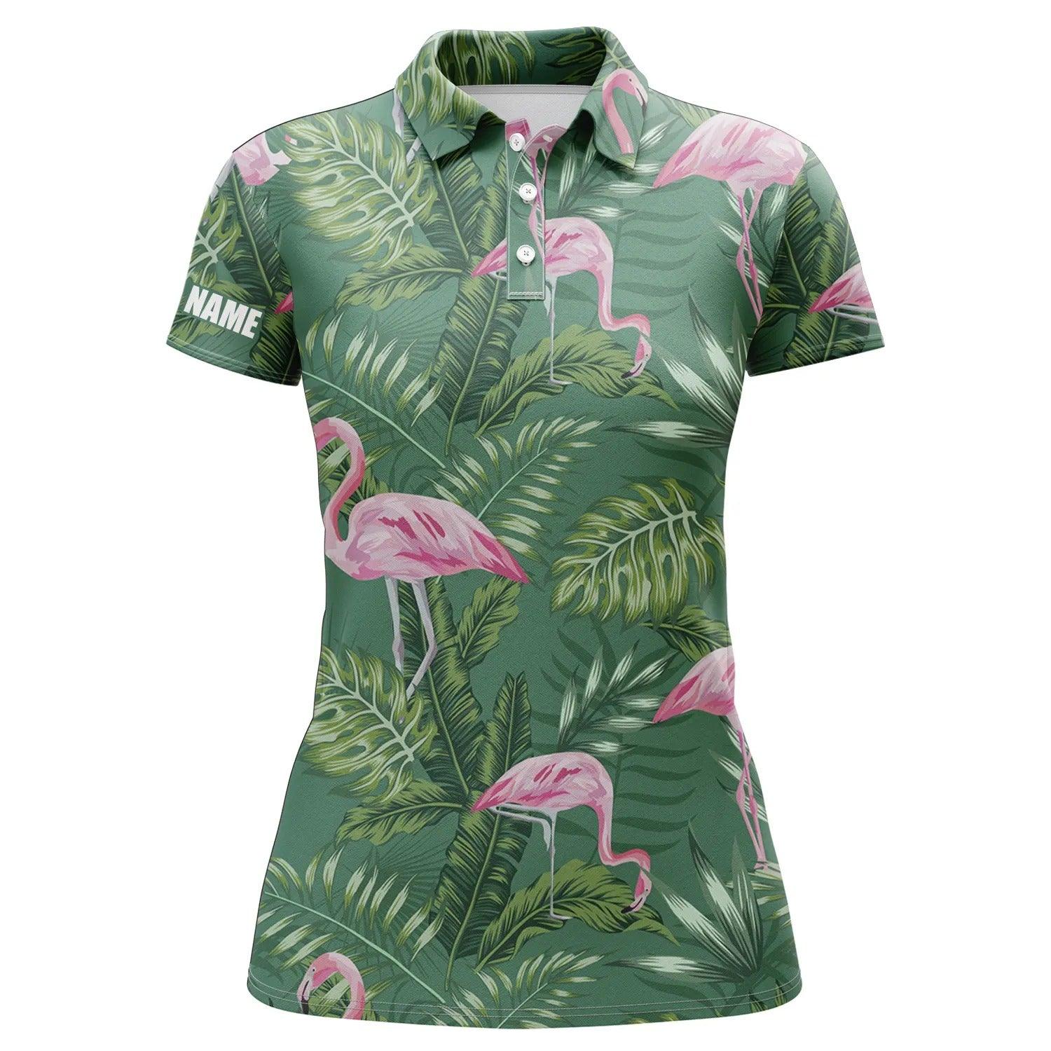 Customized Name Golf Women Polo Shirts, Personalized Green Tropical Plants Monstera Flamingo Shirts - Perfect Gift For Ladies, Golf Lovers, Golfers - Image 2