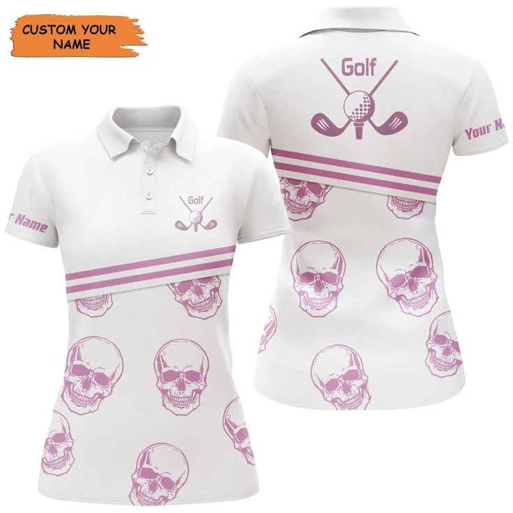 Customized Name Golf Women Polo Shirts, Personalized Pink Golf Skull Pattern White Golf Shirt For Women - Perfect Gift For Golfers, Golf Lovers - Image 2