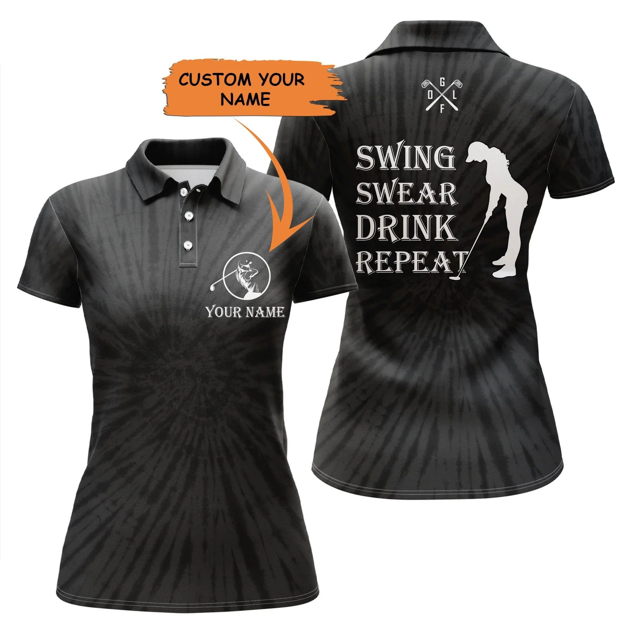 Customized Name Golf Women Polo Shirts, Personalized Swing Swear Drink Repeat Black Tie Dye Pattern Polo Shirt - Perfect Gift For Golfers, Golf Lovers - Image 2