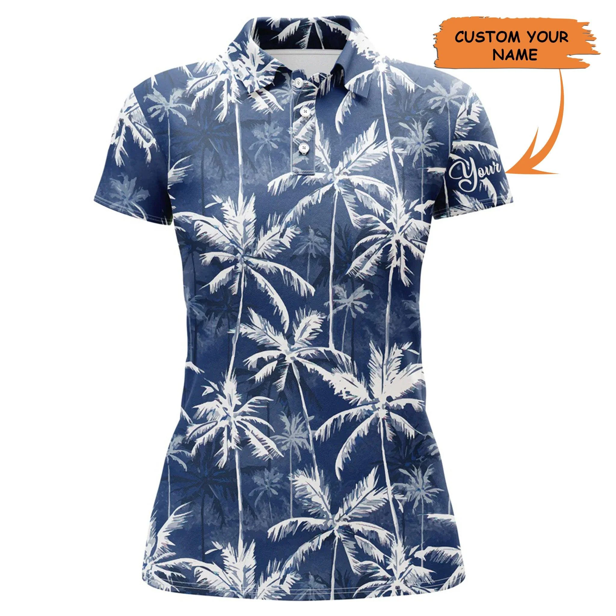 Customized Name Women Polo Shirts, Personalized Tropical Background Blue Watercolor Palm Polo Shirts - Perfect Gift For Women, Friends, Family