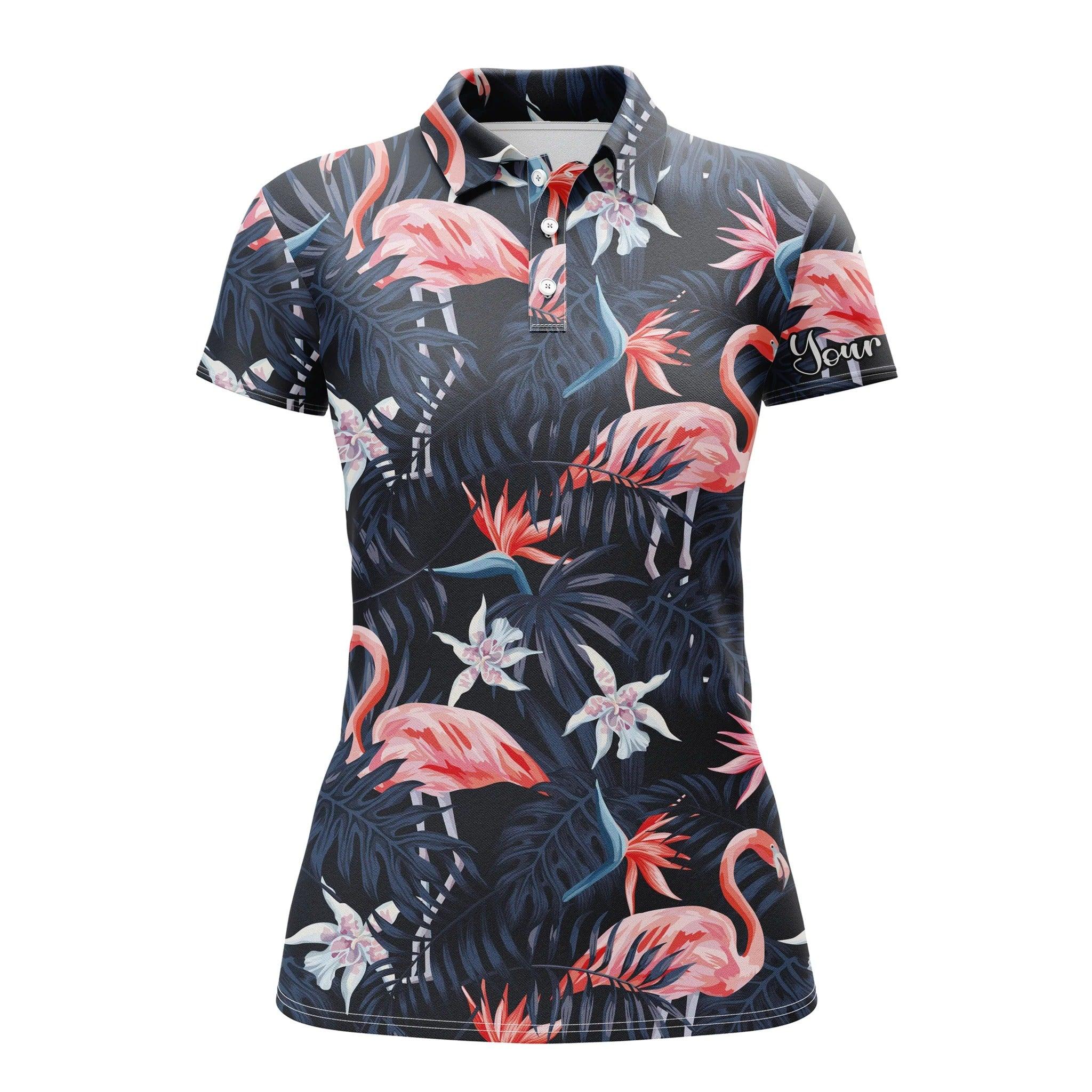 Customized Name Golf Women Polo Shirts, Personalized Tropical Birds Pink Flamingo Dark Blue Palm Leaves Shirts - Perfect Gift For Golfers, Golf Lovers - Image 2