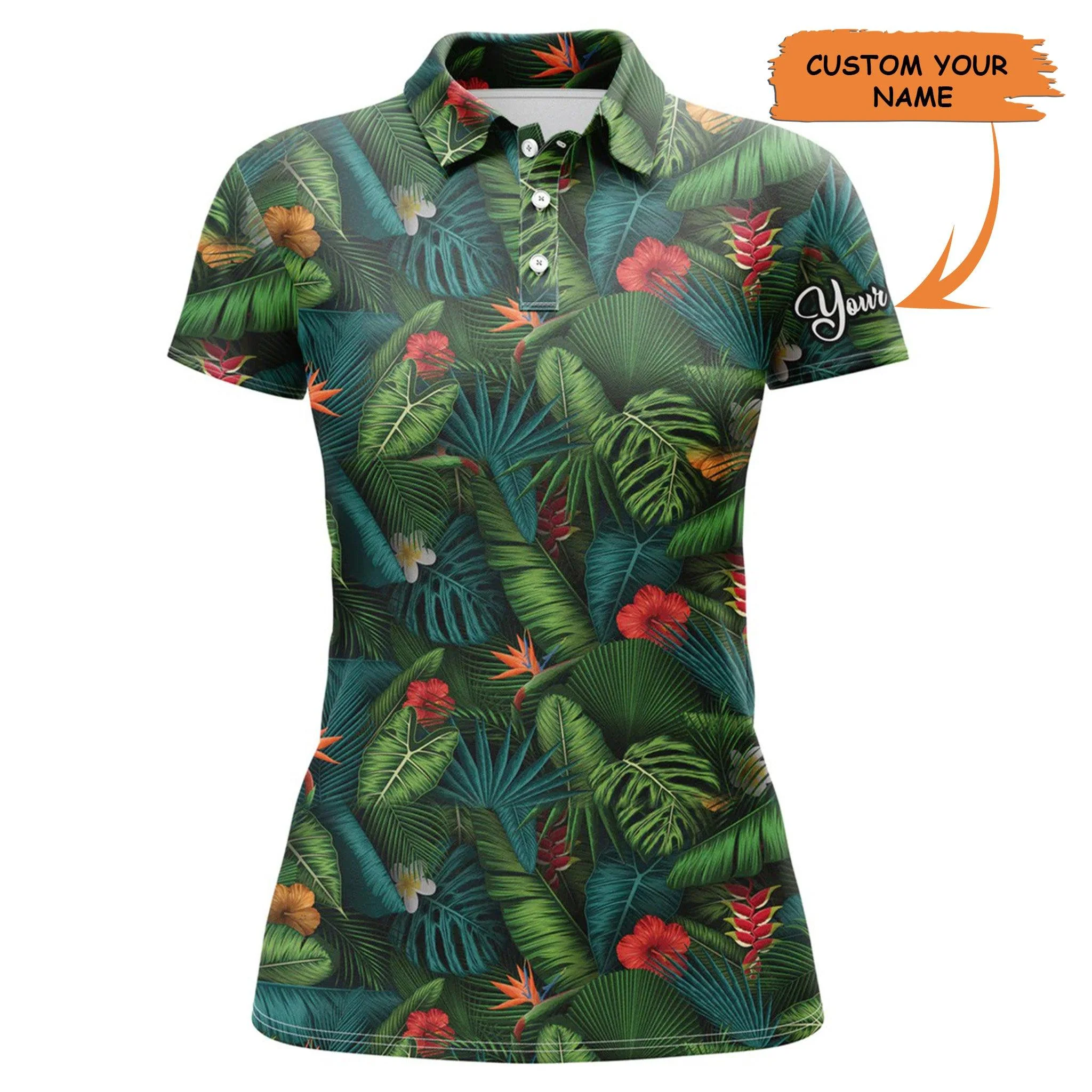 Customized Name Golf Women Polo Shirts, Personalized Tropical Summer Leaves Background Golf Polo Shirts - Perfect Gift For Golfers, Golf Lovers