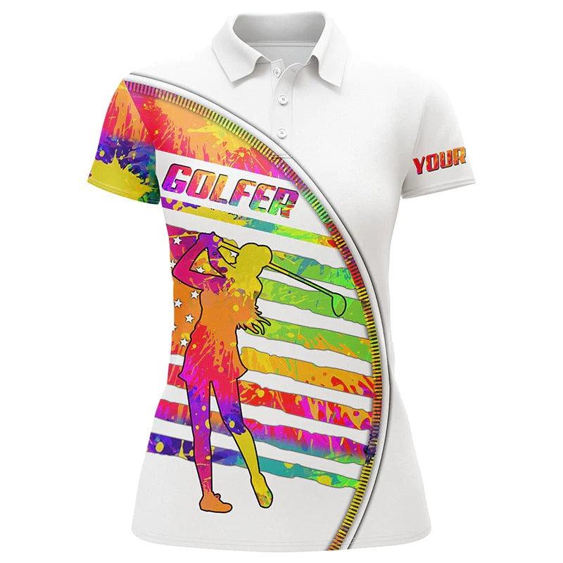 Customized Name Golf Women Polo Shirts, Personalized Watercolor American Flag Polo Shirts, Golfers Gift - Perfect Gift For Ladies, Golfers, Golf Lovers - Image 2
