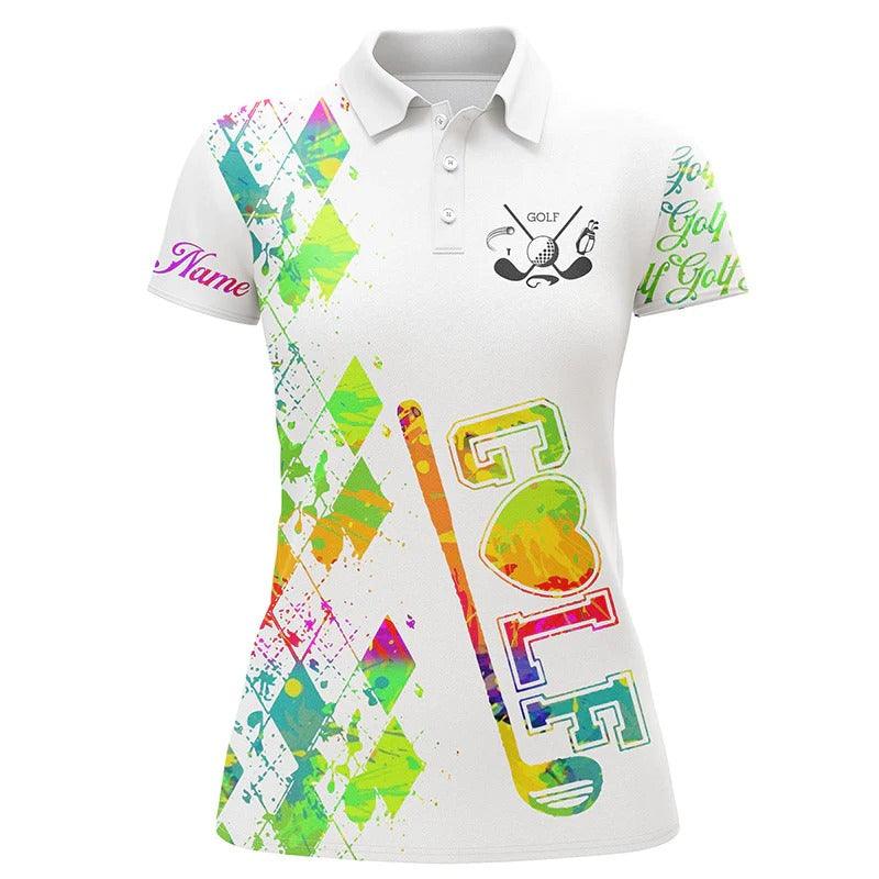 Customized Name Golf Women Polo Shirts, Personalized Watercolor Golf Clubs White Golf Tops For Women - Perfect Gift For Golfers, Golf Lovers - Image 2