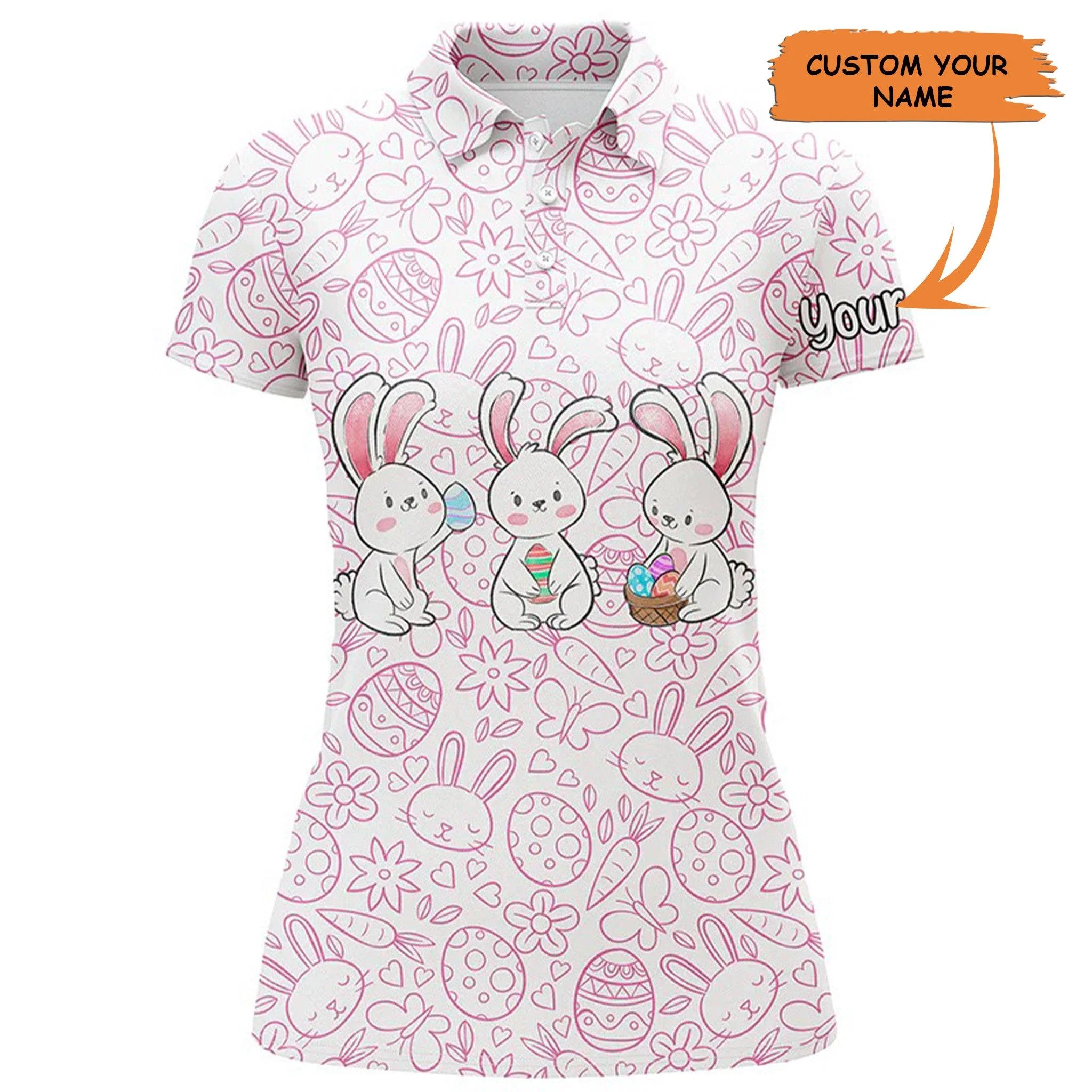 Customized Name Golf Women Polo Shirts, Pink Easter Bunny Eggs Pattern Personalized Easter's Day Gift - Perfect Gift For Ladies, Golfers, Golf Lovers