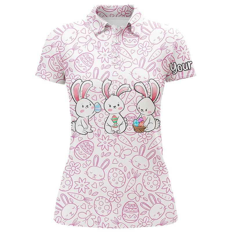 Customized Name Golf Women Polo Shirts, Pink Easter Bunny Eggs Pattern Personalized Easter's Day Gift - Perfect Gift For Ladies, Golfers, Golf Lovers - Image 2
