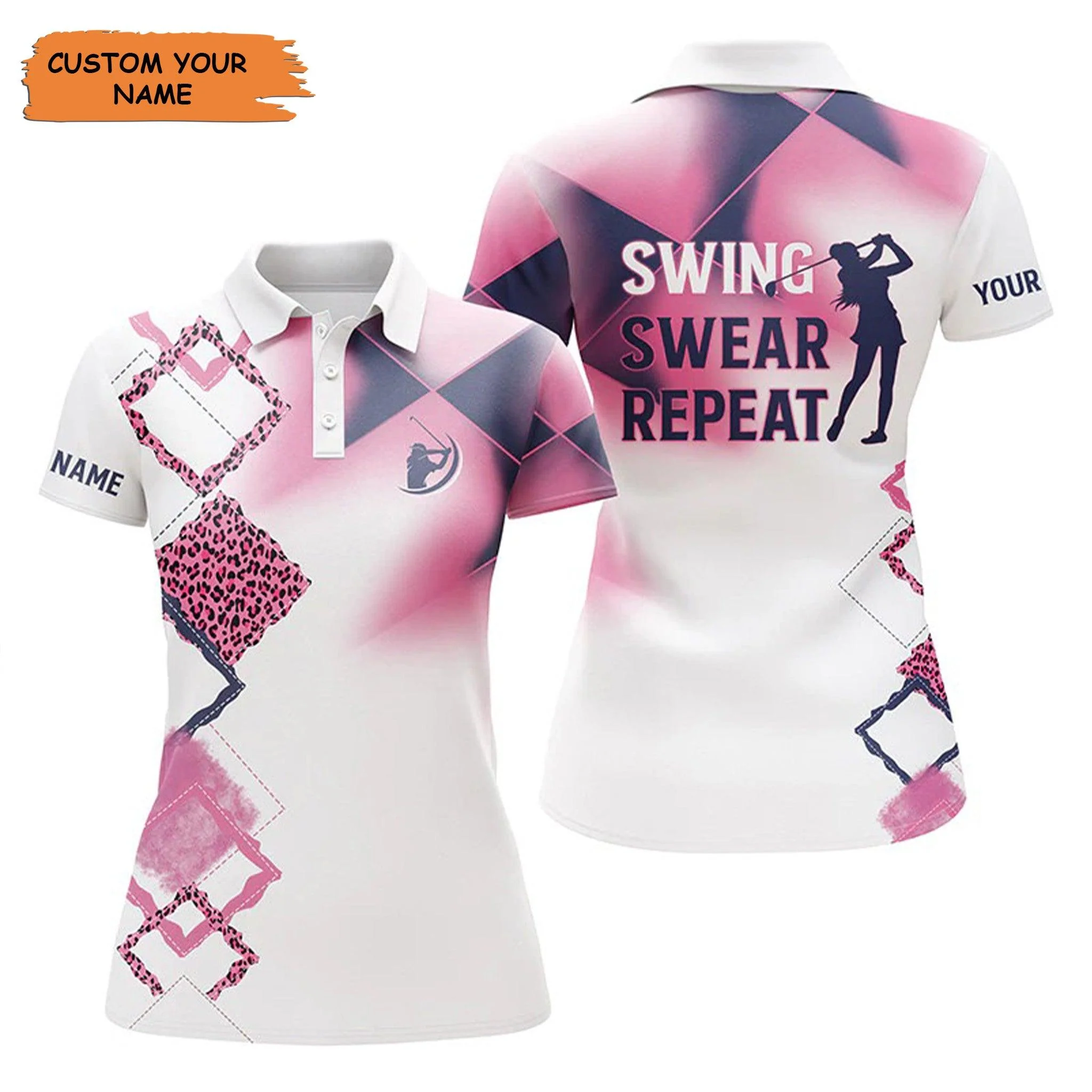 Customized Name Golf Women Polo Shirts, Pink Leopard Pattern Personalized Swing Swear Repeat White Golf Shirt - Perfect Gift For Golfers, Golf Lovers