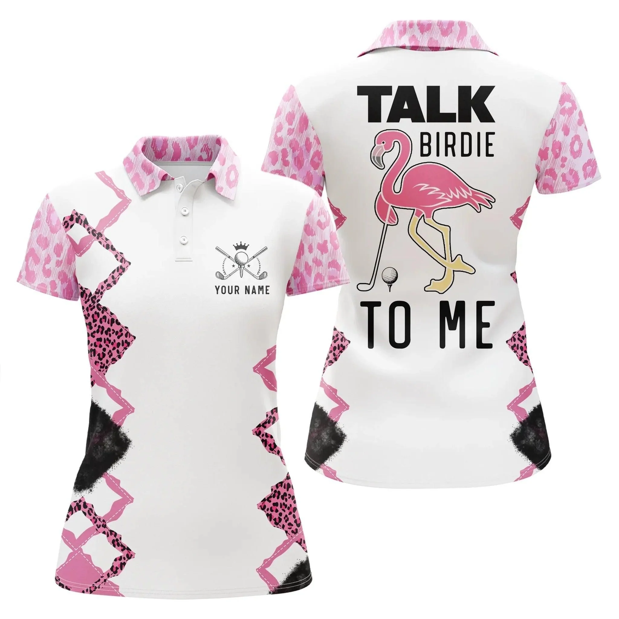 Customized Name Golf Women Polo Shirts, Pink White Leopard Personalized Talk Birdie To Me Pink Flamingo - Perfect Gift For Golfers, Golf Lovers